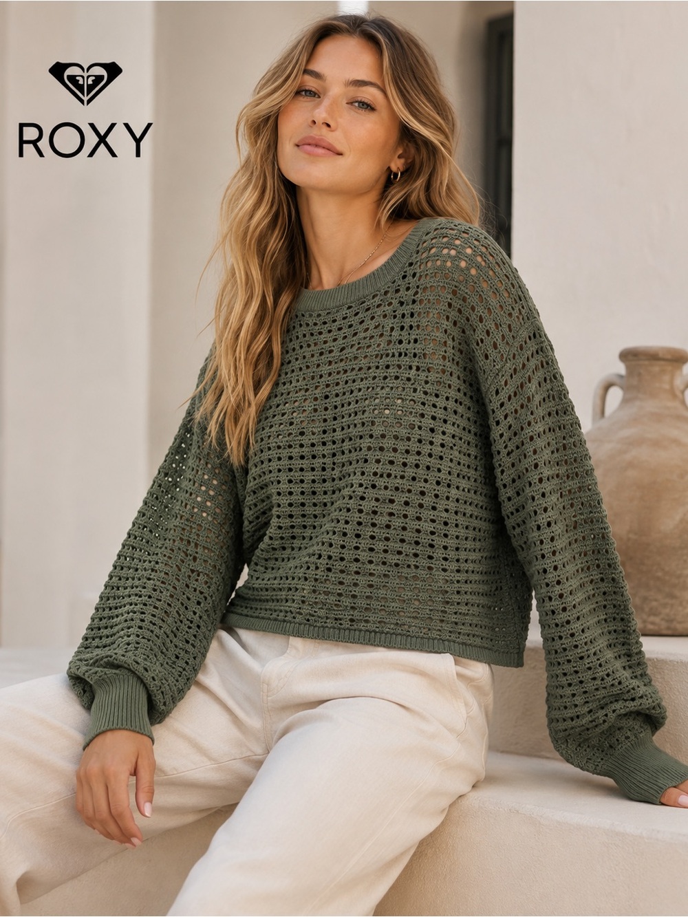 Roxy Women’s Olive Green Open Knit Crochet Sweater Medium Lightweight Boho